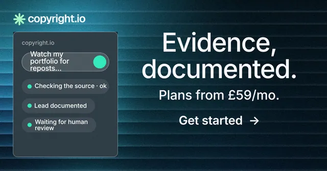 Social ad for copyright.io: "Evidence, documented." Minimal luxury style, skeleton layout, dark palette in black, blue, teal.