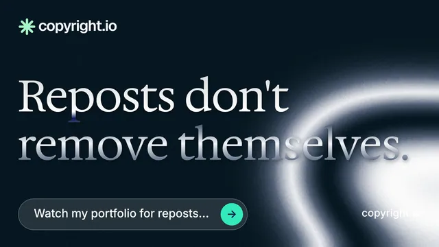 Landscape graphic for copyright.io: "Reposts don't remove themselves." Agentic glass style, poster layout, dark palette in black, blue, grey.