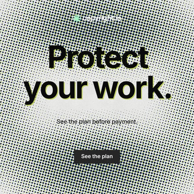 Instagram post for copyright.io: "Protect your work." Swiss style, centred layout, light palette in grey, white.