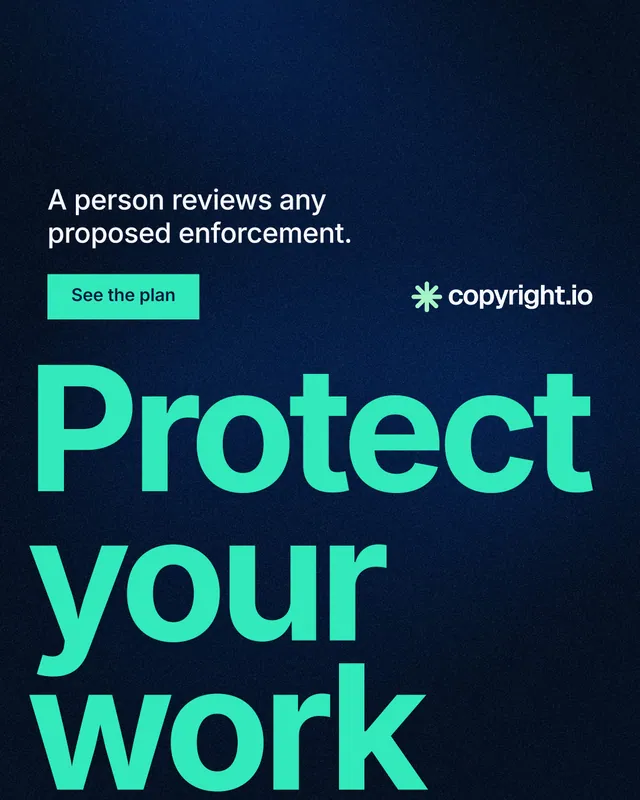 Instagram portrait post for copyright.io: "Protect your work." Swiss style, oversized layout, dark palette in blue, black, teal.