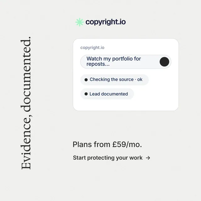 Instagram post for copyright.io: "Evidence, documented." Minimal luxury style, vertical layout, light palette in white.