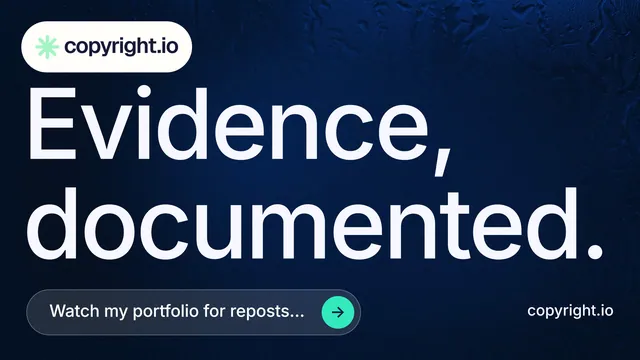 Landscape graphic for copyright.io: "Evidence, documented." Agentic glass style, poster layout, dark palette in black, blue, white.
