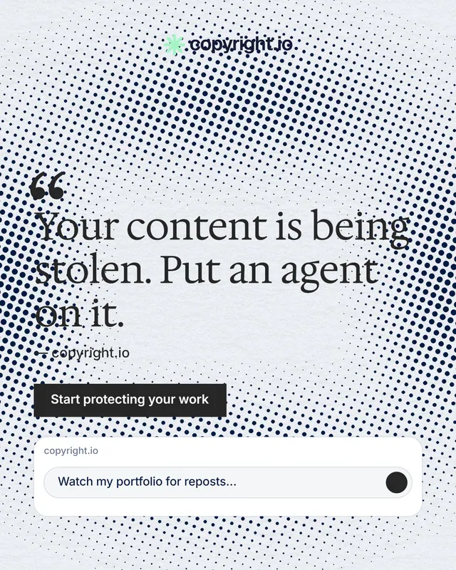 Instagram portrait post for copyright.io: "Your content is being stolen." Swiss style, quote layout, light palette in white, blue, grey.