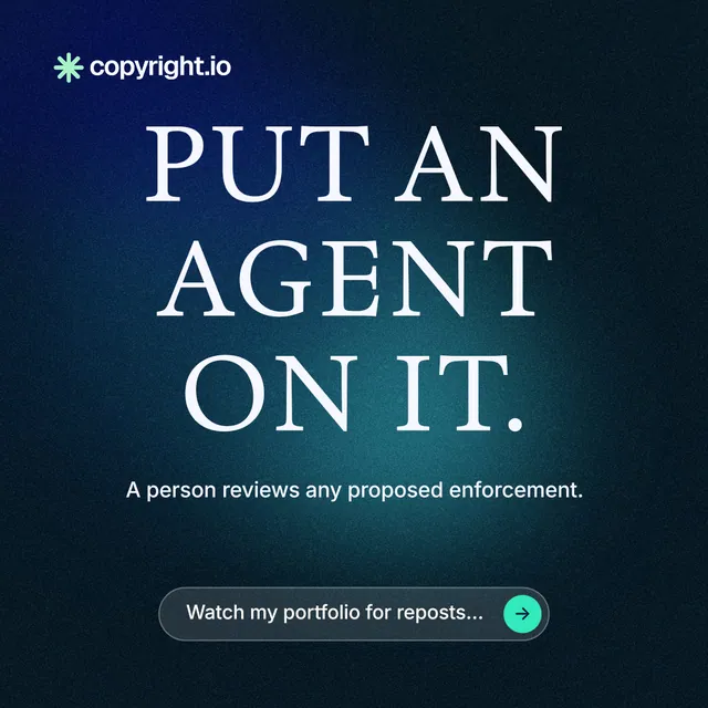 Instagram post for copyright.io: "Put an agent on it." Agentic glass style, centred layout, dark palette in blue, black.