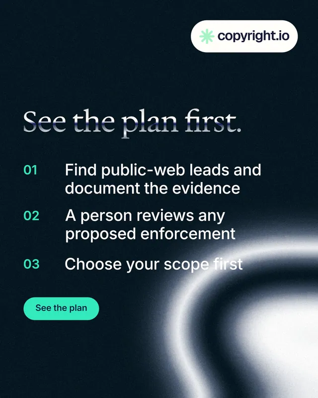Instagram portrait post for copyright.io: "See the plan first." Y2K style, numbered layout, dark palette in black, blue, grey.