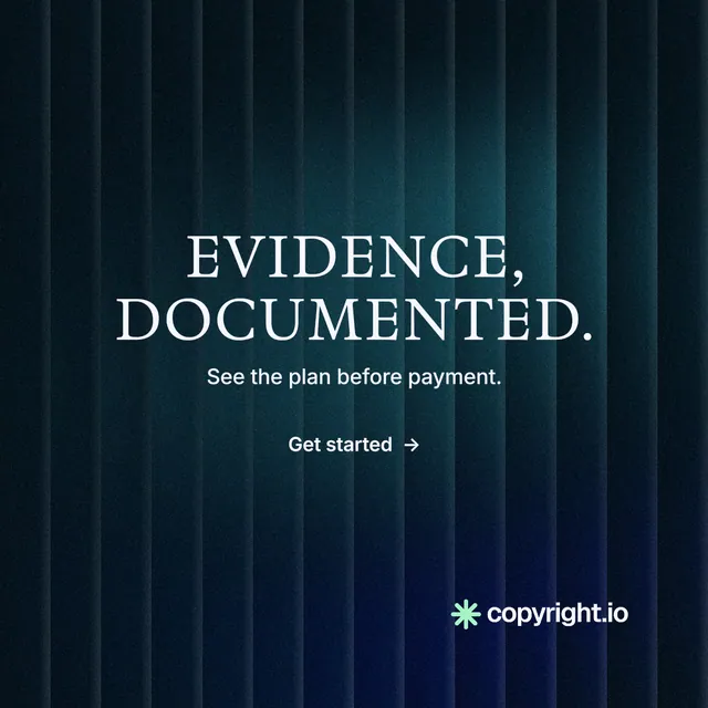 Instagram post for copyright.io: "Evidence, documented." Minimal luxury style, centred layout, dark palette in black, blue.