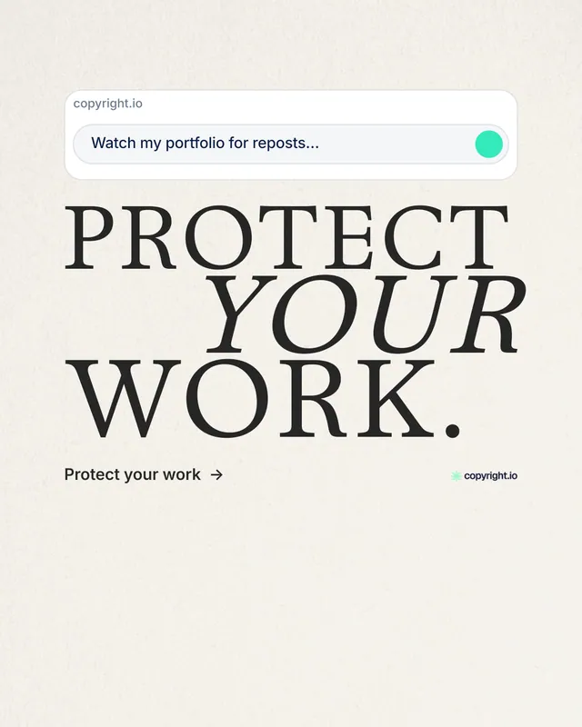 Instagram portrait post for copyright.io: "Protect your work." Minimal luxury style, stacked layout, light palette in white, grey.