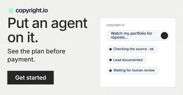 Social ad for copyright.io: "Put an agent on it." Swiss style, skeleton layout, light palette in white, grey.
