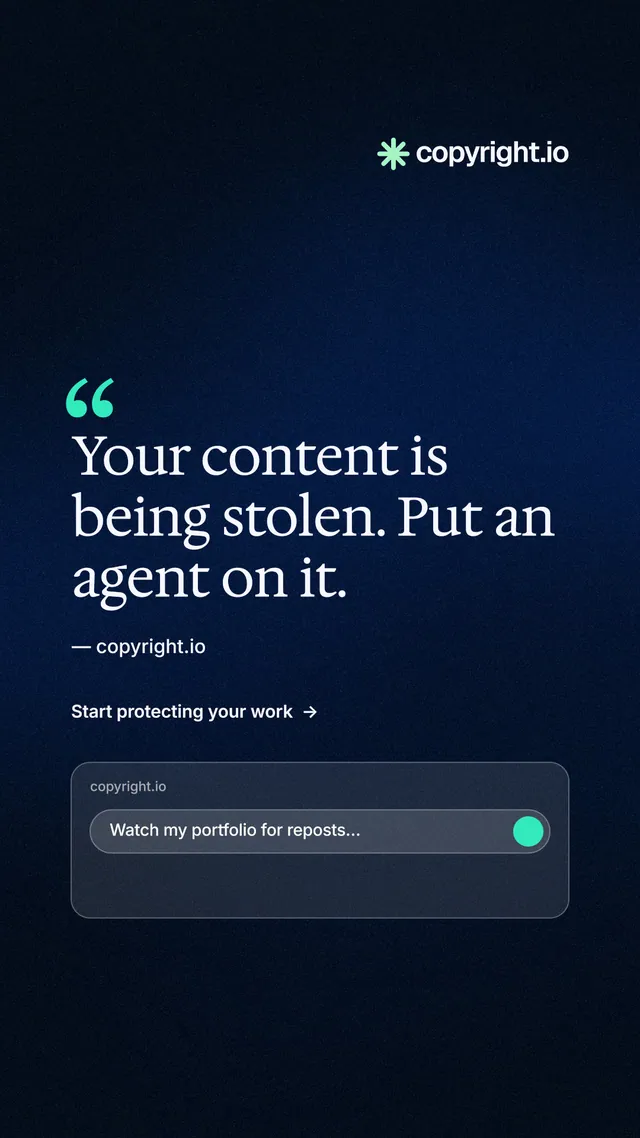 Instagram story for copyright.io: "Find your reposted work." Minimal luxury style, quote layout, dark palette in black, blue.