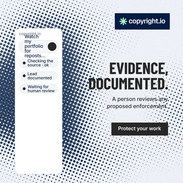 Instagram post for copyright.io: "Evidence, documented." Retro print style, right layout, light palette in white, blue, grey.
