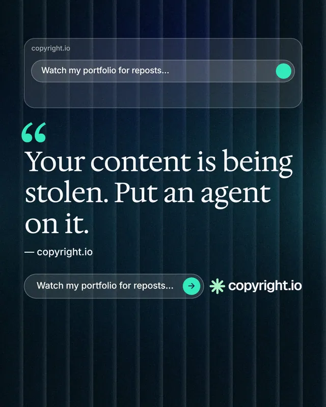 Instagram portrait post for copyright.io: "Your content is being stolen." Agentic glass style, quote layout, dark palette in black, blue, grey.