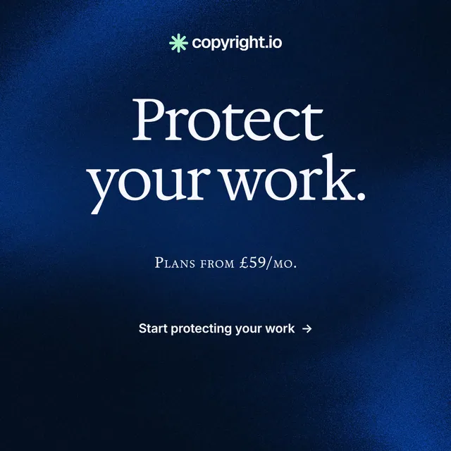 Instagram post for copyright.io: "Protect your work." Agentic glass style, smallcaps layout, dark palette in blue, black.