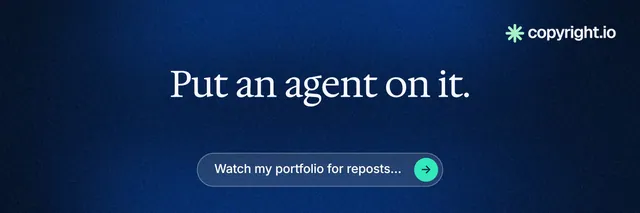X header for copyright.io: "Put an agent on it." Agentic glass style, centred layout, dark palette in blue, black.
