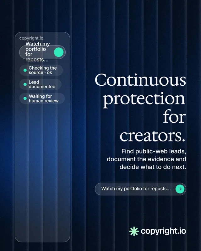 Instagram portrait post for copyright.io: "Continuous protection for creators." Agentic glass style, right layout, dark palette in blue, black.