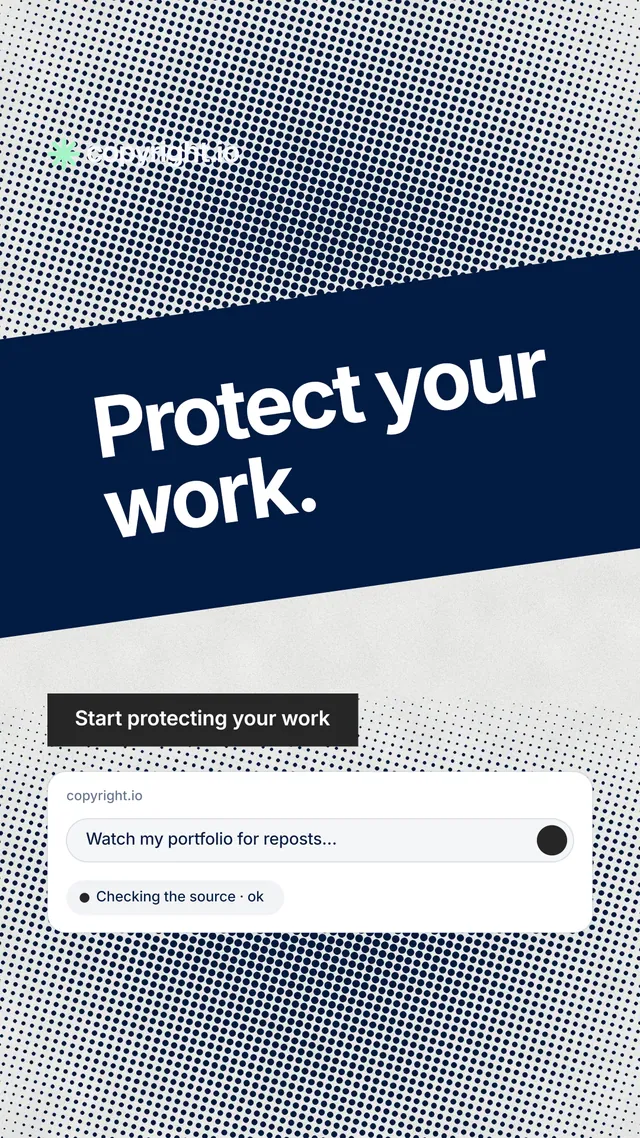 Instagram story for copyright.io: "Protect your work." Swiss style, diagonal layout, light palette in grey, blue, white.