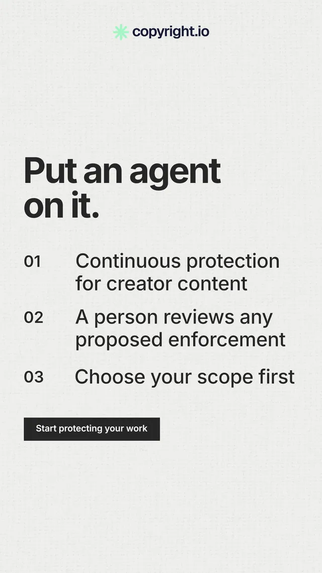 Instagram story for copyright.io: "Put an agent on it." Swiss style, numbered layout, light palette in white, grey.