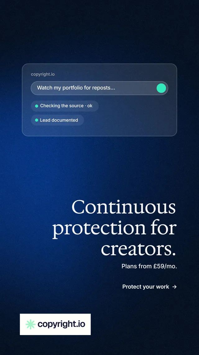 Instagram story for copyright.io: "Continuous protection for creators." Minimal luxury style, right layout, dark palette in blue, black.