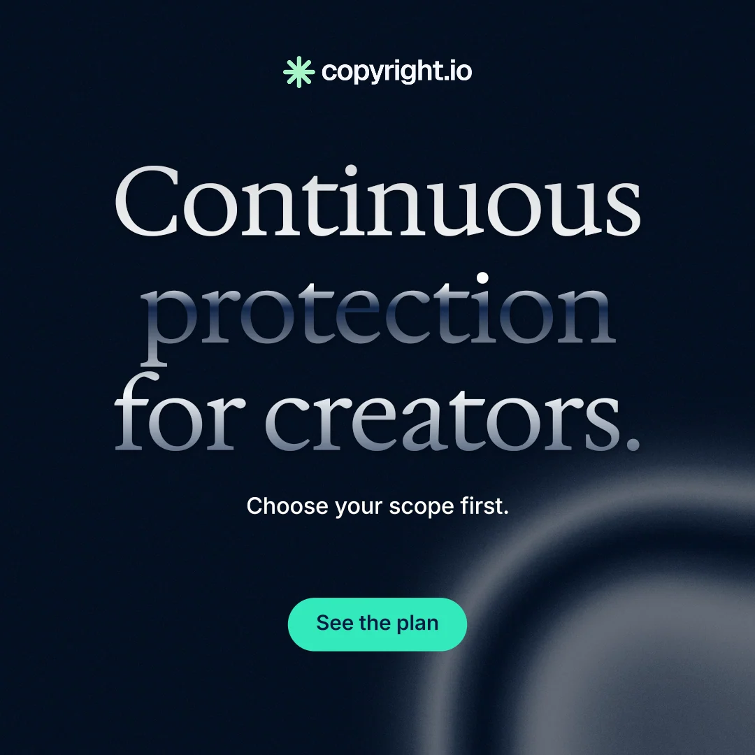 Instagram post for copyright.io: "Continuous protection for creators." Y2K style, centred layout, dark palette in black, grey.