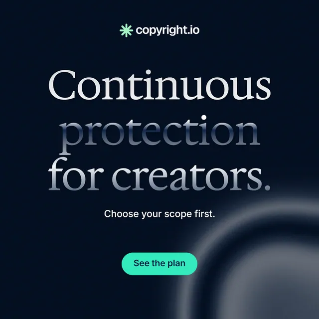 Instagram post for copyright.io: "Continuous protection for creators." Y2K style, centred layout, dark palette in black, grey.