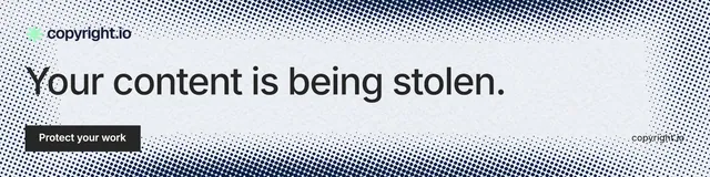 LinkedIn banner for copyright.io: "Your content is being stolen." Retro print style, poster layout, light palette in grey, white, blue.