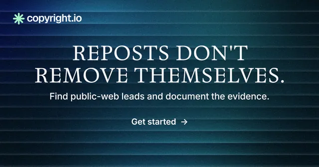 Social ad for copyright.io: "Reposts don't remove themselves." Minimal luxury style, centred layout, dark palette in blue, black.