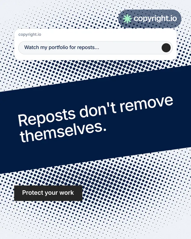 Instagram portrait post for copyright.io: "Reposts don't remove themselves." Split block style, diagonal layout, light palette in white, blue, grey.