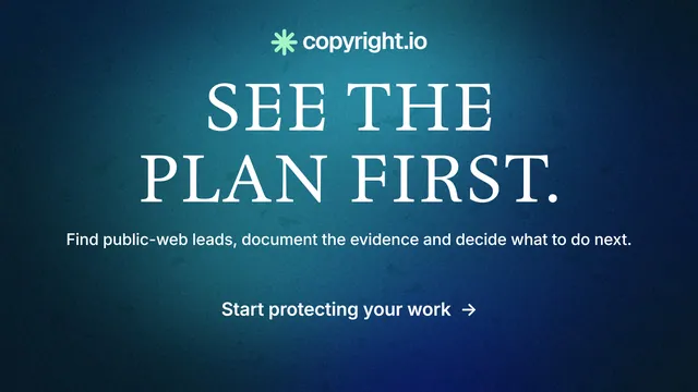 Landscape graphic for copyright.io: "See the plan first." Minimal luxury style, centred layout, dark palette in blue, teal.