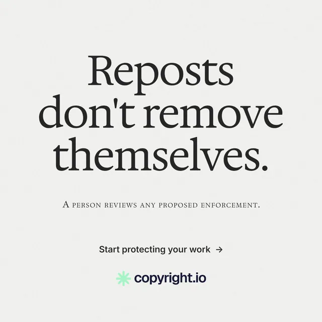 Instagram post for copyright.io: "Reposts don't remove themselves." Minimal luxury style, smallcaps layout, light palette in white.