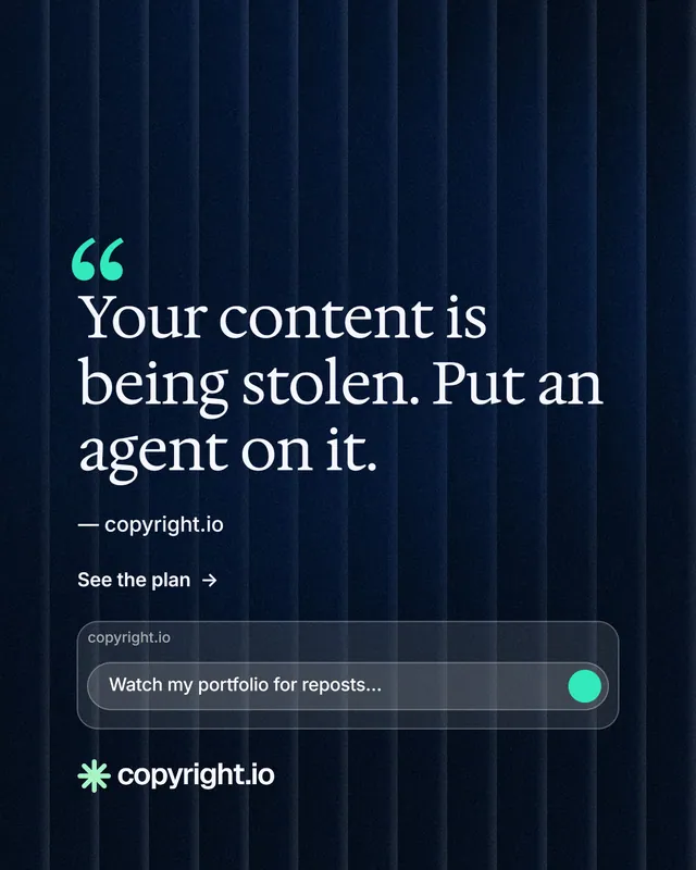 Instagram portrait post for copyright.io: "Protect your work." Minimal luxury style, quote layout, dark palette in black, grey, blue.