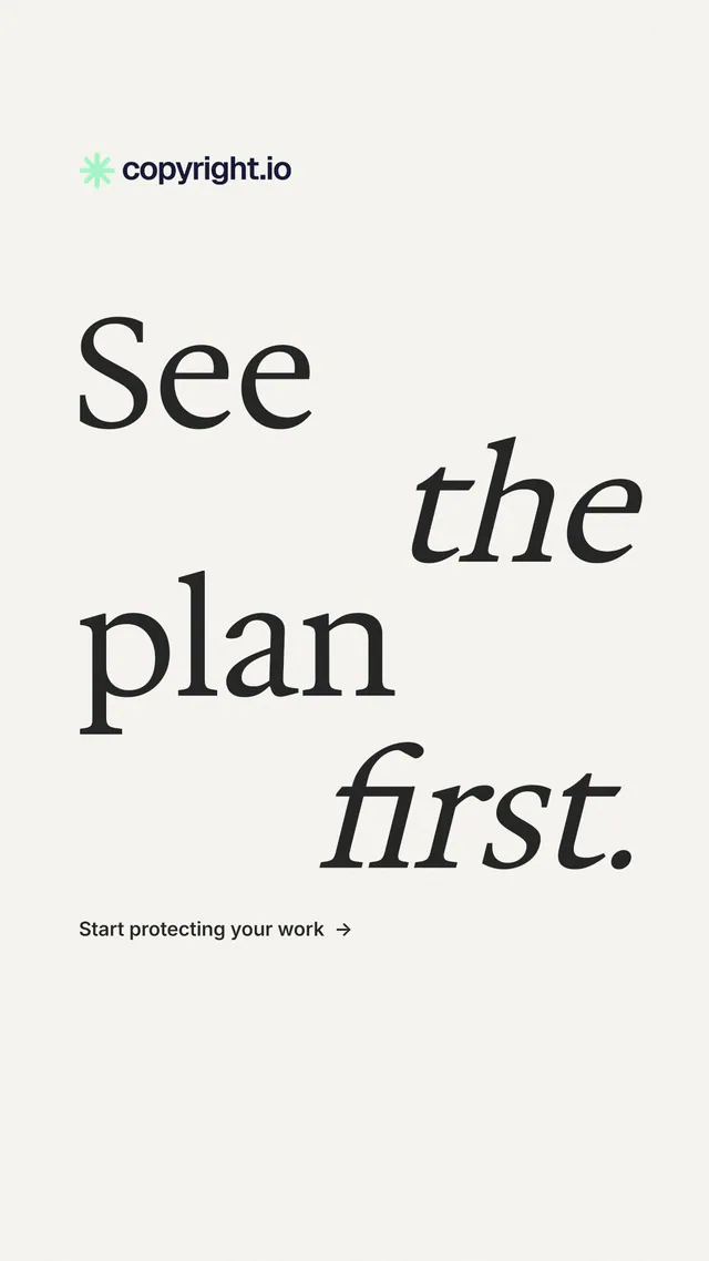 Instagram story for copyright.io: "See the plan first." Minimal luxury style, stacked layout, light palette in white, grey.