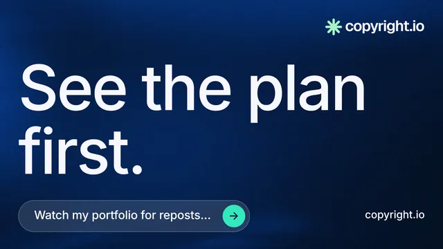 Landscape graphic for copyright.io: "See the plan first." Agentic glass style, poster layout, dark palette in blue, black.