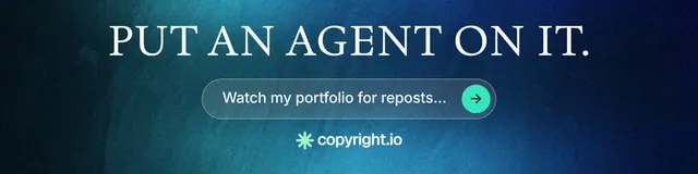 LinkedIn banner for copyright.io: "Put an agent on it." Agentic glass style, skeleton layout, dark palette in black, blue.