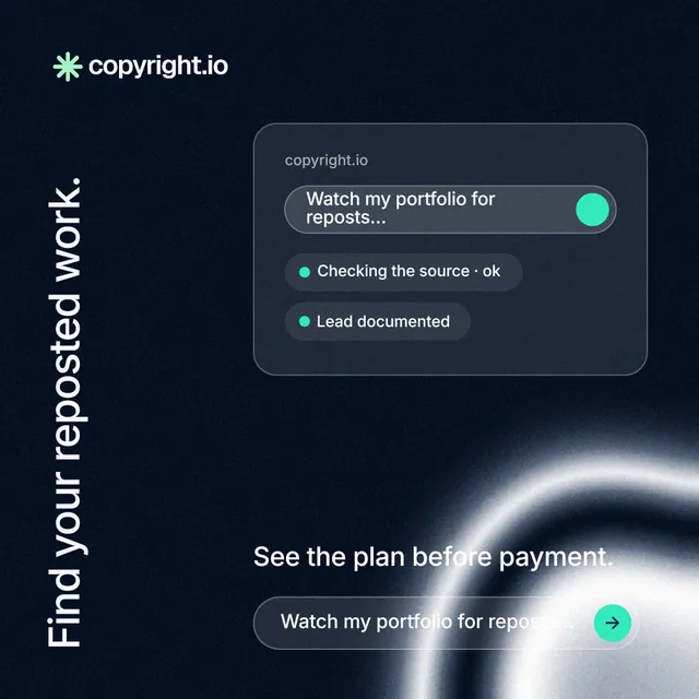 Instagram post for copyright.io: "Find your reposted work." Agentic glass style, vertical layout, dark palette in black, blue, grey.