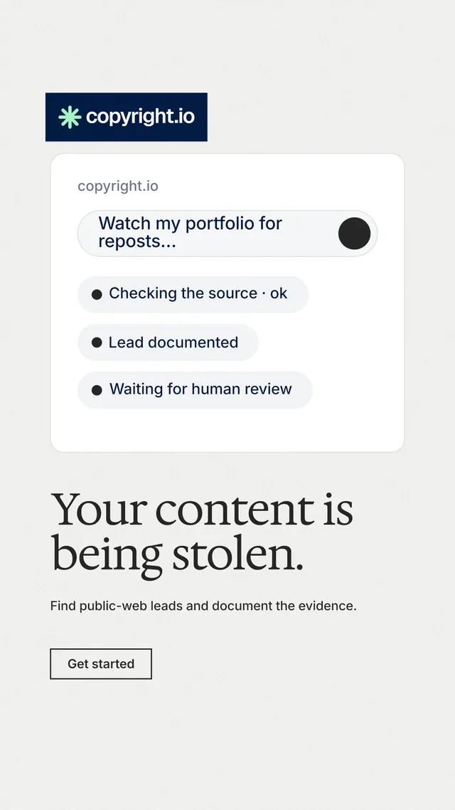 Instagram story for copyright.io: "Your content is being stolen." Editorial style, bottom layout, light palette in white.