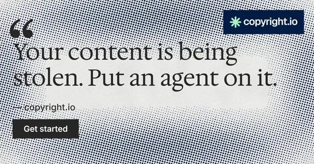 Social ad for copyright.io: "Continuous protection for creators." Swiss style, quote layout, light palette in grey, white.