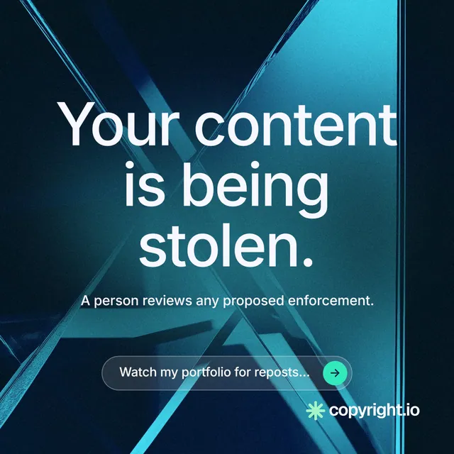 Instagram post for copyright.io: "Your content is being stolen." Agentic glass style, centred layout, dark palette in blue, black, teal.
