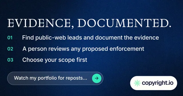 Social ad for copyright.io: "Evidence, documented." Agentic glass style, numbered layout, dark palette in blue, black, grey.