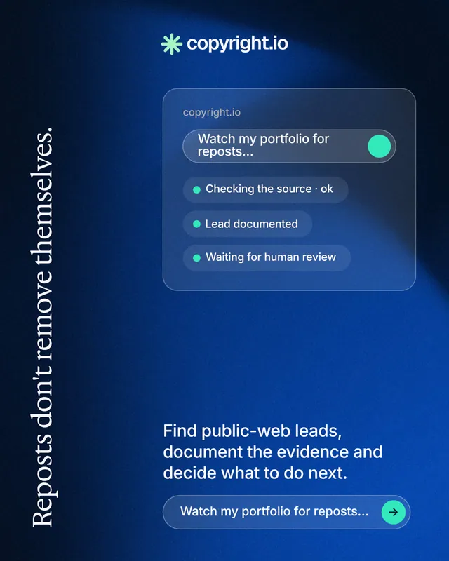 Instagram portrait post for copyright.io: "Reposts don't remove themselves." Agentic glass style, vertical layout, dark palette in blue, black.