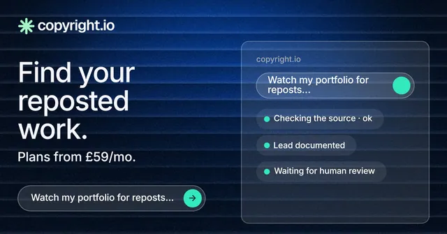 Social ad for copyright.io: "Find your reposted work." Agentic glass style, bottom layout, dark palette in black, blue.