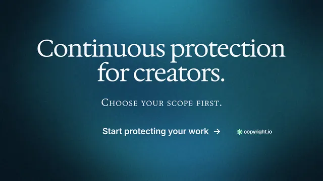 Landscape graphic for copyright.io: "Continuous protection for creators." Minimal luxury style, smallcaps layout, dark palette in blue, black.