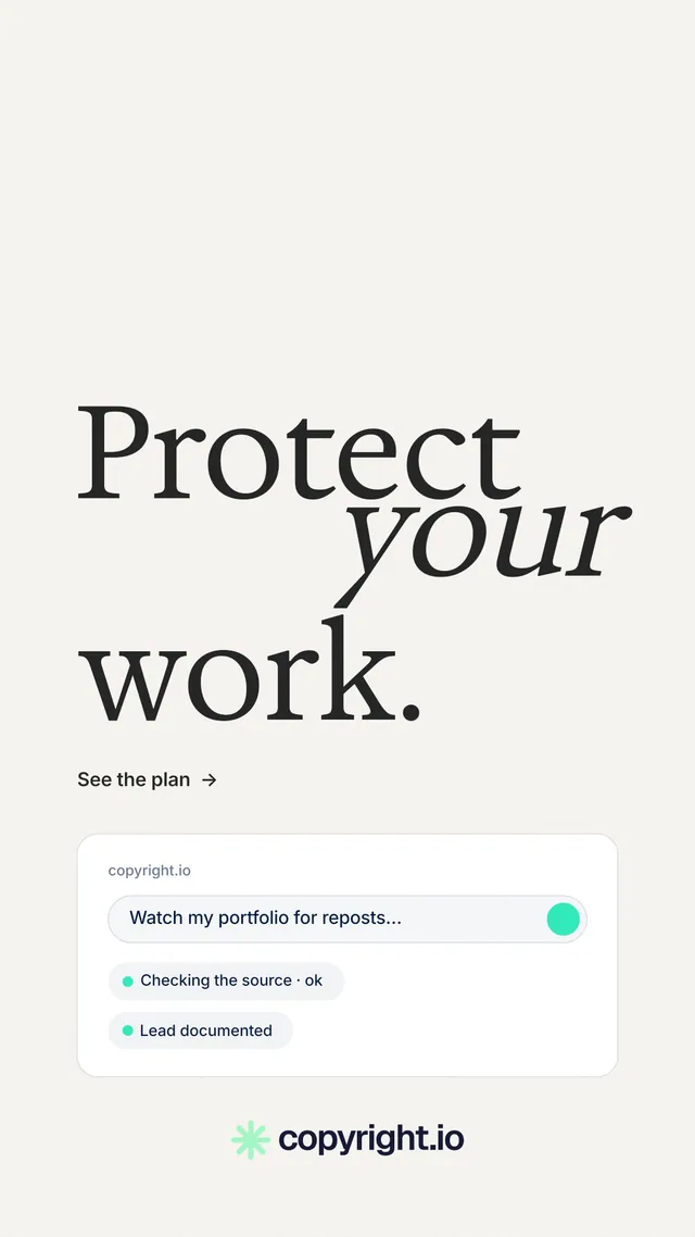 Instagram story for copyright.io: "Protect your work." Minimal luxury style, stacked layout, light palette in white, grey.