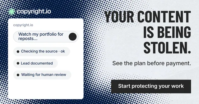 Social ad for copyright.io: "Your content is being stolen." Retro print style, right layout, light palette in blue, grey, white.