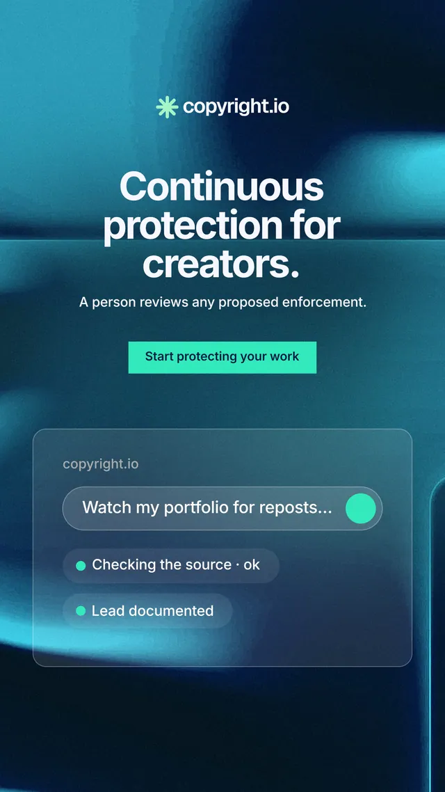 Instagram story for copyright.io: "Continuous protection for creators." Swiss style, centred layout, dark palette in blue, black, teal.