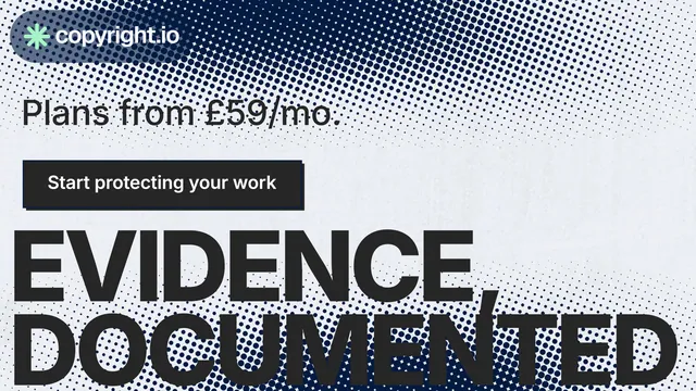 Landscape graphic for copyright.io: "Evidence, documented." Brutalist style, oversized layout, light palette in blue, white, grey.
