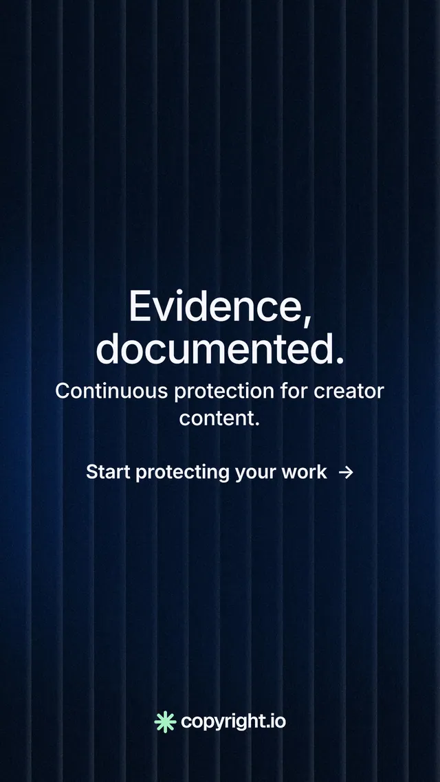 Instagram story for copyright.io: "Evidence, documented." Minimal luxury style, skeleton layout, dark palette in black, blue.