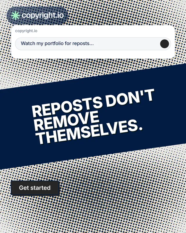 Instagram portrait post for copyright.io: "Reposts don't remove themselves." Brutalist style, diagonal layout, light palette in blue, grey, white.
