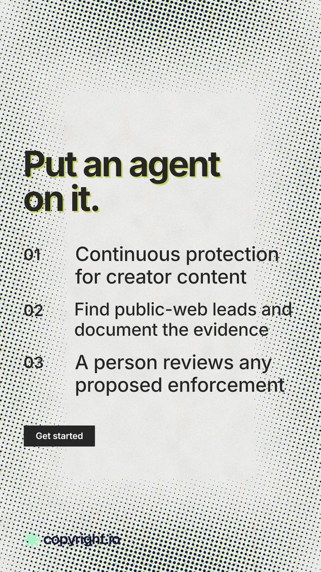Instagram story for copyright.io: "Put an agent on it." Swiss style, numbered layout, light palette in white, grey.