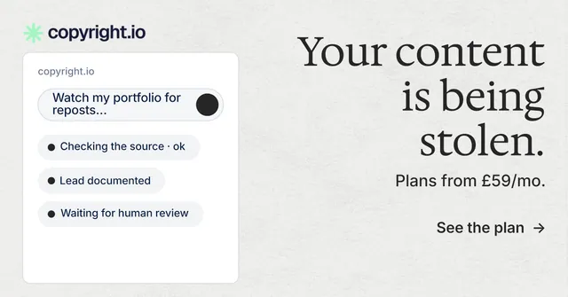 Social ad for copyright.io: "Your content is being stolen." Minimal luxury style, right layout, light palette in white, grey.