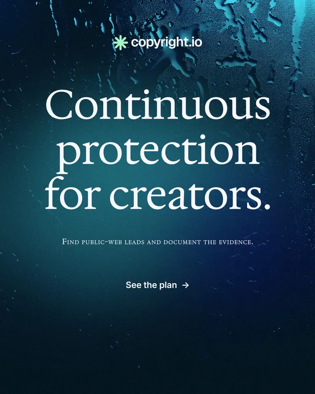 Instagram portrait post for copyright.io: "Continuous protection for creators." Minimal luxury style, smallcaps layout, dark palette in blue, black.