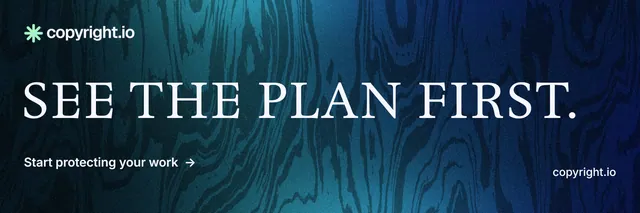 X header for copyright.io: "See the plan first." Minimal luxury style, poster layout, dark palette in blue, black.
